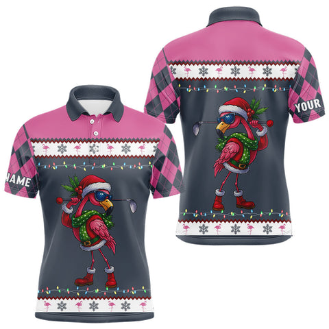 Maxcorners Pink argyle pattern Funny Christmas Flamingo Mens golf polo shirt custom golf attire for men MT1511