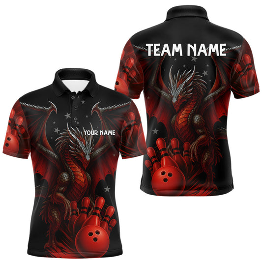 Maxcorners Black And Red Dragon Bowling Shirts For Men Custom Name Team Bowling League Jersey, Bowling Gifts LM0404