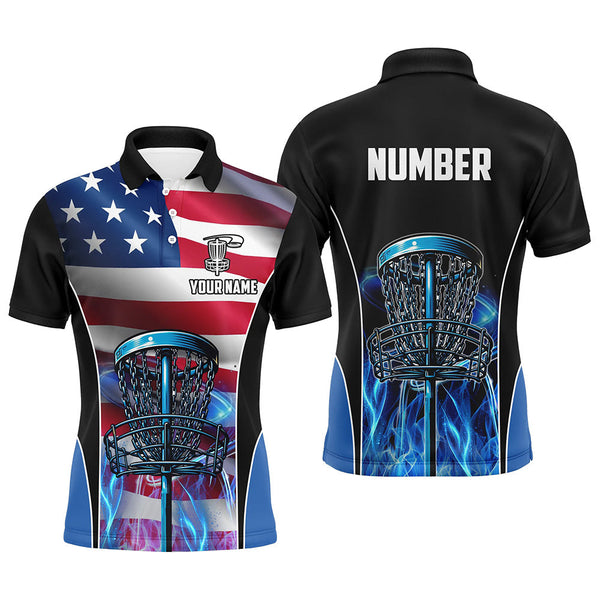 Maxcorners American flag Disc golf basket patriotic Men polo shirts custom blue fire disc golf tops for mens MT0510