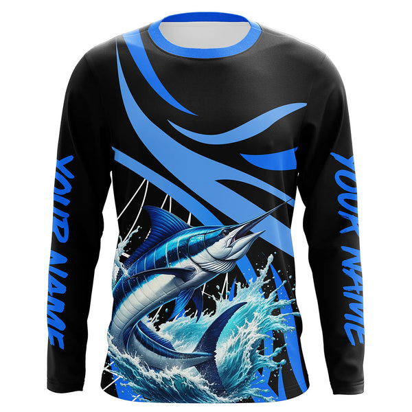 Maxcorners Personalized Blue Marlin Long Sleeve Fishing Shirts, Marlin Tournament Fishing Jerseys | Blue MT2108