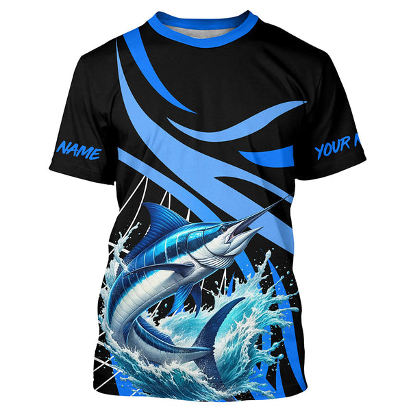 Maxcorners Personalized Blue Marlin Long Sleeve Fishing Shirts, Marlin Tournament Fishing Jerseys | Blue MT2108
