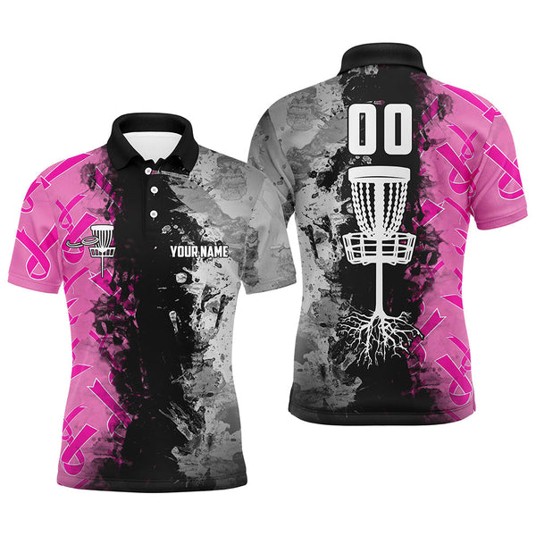 Maxcorners Custom name, number Disc Golf basket Men polo shirts, pink ribbons Breast cancer ladies disc golf tops MT0510