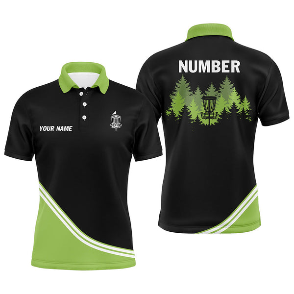 Maxcorners Black and Green disc golf basket in the forest custom Men disc golf polo shirt, disc golf jersey MT0510