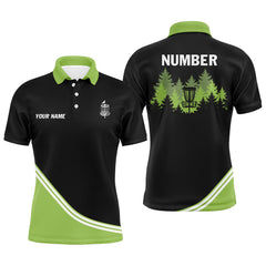 Maxcorners Black and Green disc golf basket in the forest custom Men disc golf polo shirt, disc golf jersey MT0510