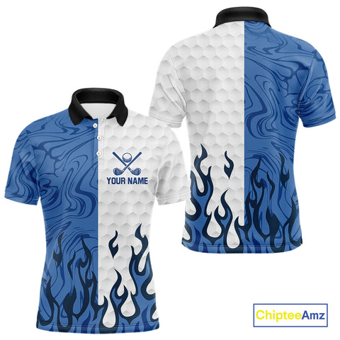 Maxcorners White and Blue Camo Flame Mens Golf Polo Shirt Custom golf attire for men, personalized golf gifts LM1809