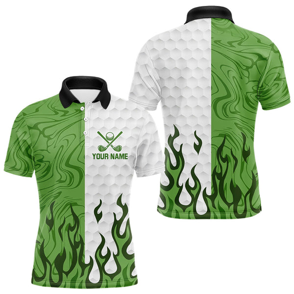 Maxcorners White and Green Camo Flame Mens Golf Polo Shirt Custom golf attire for men, personalized golf gifts LM1809