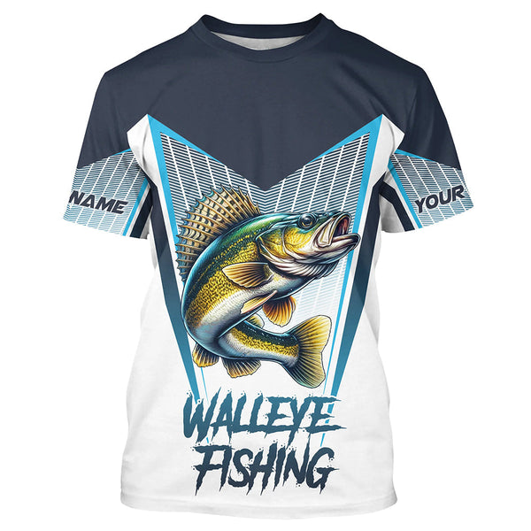 Maxcorners Personalized Walleye fishing Tournament Long Sleeve Fishing Shirts, Walleye Fishing Jersey | Blue MT2108