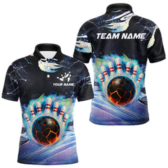 Maxcorners Blue hologram flame Bowling polo, 1/4 zip Shirts for Men Custom Bowling Team jerseys LM1812