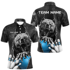 Maxcorners Blue and Black Bear grunge Custom Men Bowling Polo, Quarter Zip Shirts Bowling Team Jerseys Outfits TU2606
