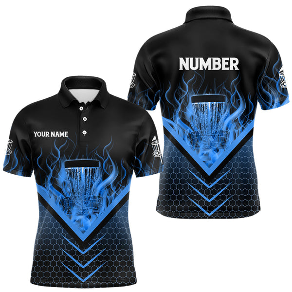 Maxcorners Black and Blue Fire Mens Disc golf polo shirts custom flame disc golf basket jerseys, disc golf shirt MT1810