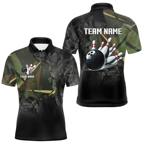 Maxcorners Green Camo Black Bowling Polo, Quarter Zip Shirts for Men Custom Team Bowling Jersey LM2110