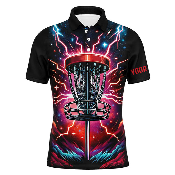Maxcorners Mens Disc golf polo shirts custom red lightning thunder disc golf jerseys, disc golf outfit MT0510