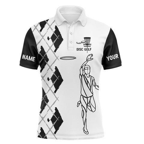 Maxcorners Black and white Mens disc golf polo shirt Custom name Disc Golfer shirt, gift for Disc golf lovers MT0510