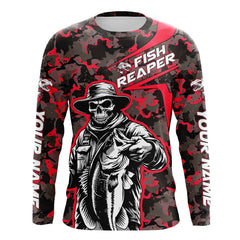Maxcorners Custom Fish Reaper Skull Bass Long Sleeve Fishing Shirt, Bass Hunter Fishing Jerseys | Red Camo LM2408