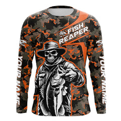 Maxcorners Custom Fish Reaper Skull Bass Long Sleeve Fishing Shirt, Bass Hunter Fishing Jerseys | Orange Camo  LM2408