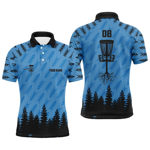 Maxcorners Mens disc golf polo shirt custom name, number disc golf basket camo Woods mens disc golf jersey | Blue MT0510