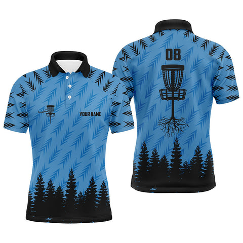 Maxcorners Mens disc golf polo shirt custom name, number disc golf basket camo Woods mens disc golf jersey | Blue MT0510