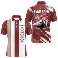 Maxcorners Red and White retro Argyle Flame bowling Men Polo, 1/4 Quarter Zip Shirts Custom bowling team jerseys