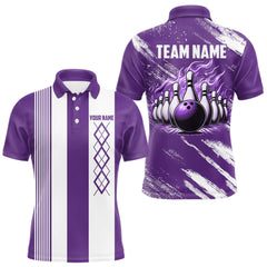 Maxcorners Purple & White retro Argyle Flame bowling Men Polo, 1/4 Quarter Zip Shirts Custom bowling team jersey