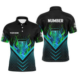 Maxcorners Black and green fire Mens Disc golf polo shirts custom flame disc golf basket jerseys, disc golf shirt MT0510