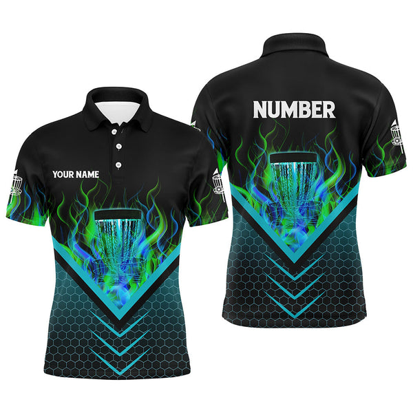 Maxcorners Black and green fire Mens Disc golf polo shirts custom flame disc golf basket jerseys, disc golf shirt MT0510
