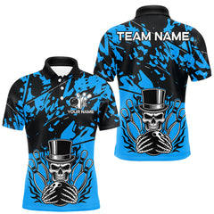 Maxcorners Black and Blue Camo Skull Bowling Polo, Quarter Zip Shirt for Men Custom Skull Team bowling jersey LM1625