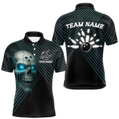 Maxcorners Black and Blue Skull Bowling Polo, Quarter Zip Shirts For Men Custom Bowling Team Jerseys Outfits  LM3006