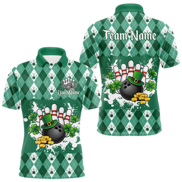 Maxcorners Argyle pattern St Patrick Green Bowling Polo, 1/4 zip shirts for Men Custom team bowling jerseys