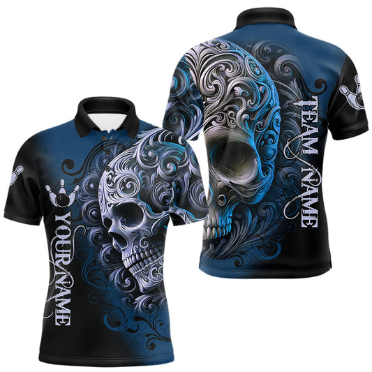Maxcorners Blue and Black Skull Scroll Men Bowling Polo, Quarter Zip Shirts Custom Skull Team bowling Jersey LM2603