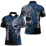 Maxcorners Blue and Black Skull Scroll Men Bowling Polo, Quarter Zip Shirts Custom Skull Team bowling Jersey TU2310
