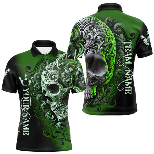 Maxcorners Green and Black Skull Scroll Men Bowling Polo, Quarter Zip Shirts Custom Skull Team bowling Jersey LM2603