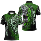 Maxcorners Green and Black Skull Scroll Men Bowling Polo, Quarter Zip Shirts Custom Skull Team bowling Jersey TU2310