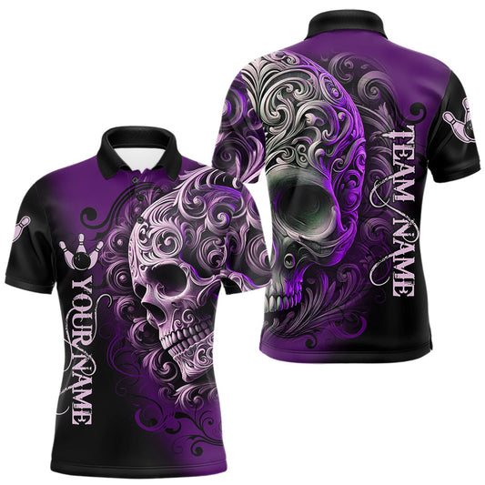 Maxcorners Purple and Black Skull Scroll Men Bowling Polo, Quarter Zip Shirts Custom Skull Team bowling Jersey LM2603