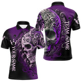 Maxcorners Purple and Black Skull Scroll Men Bowling Polo, Quarter Zip Shirts Custom Skull Team bowling Jersey TU2310