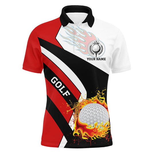 MaxCorners Golfs Red White And Black Flame Golf Fire Customized Name 3D Polo Shirt For Men