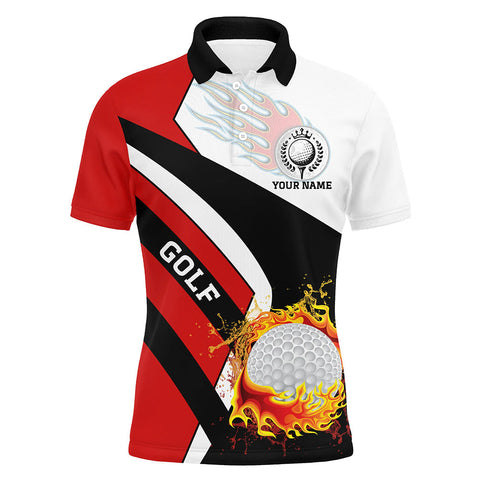 MaxCorners Golfs Red White And Black Flame Golf Fire Customized Name 3D Polo Shirt For Men