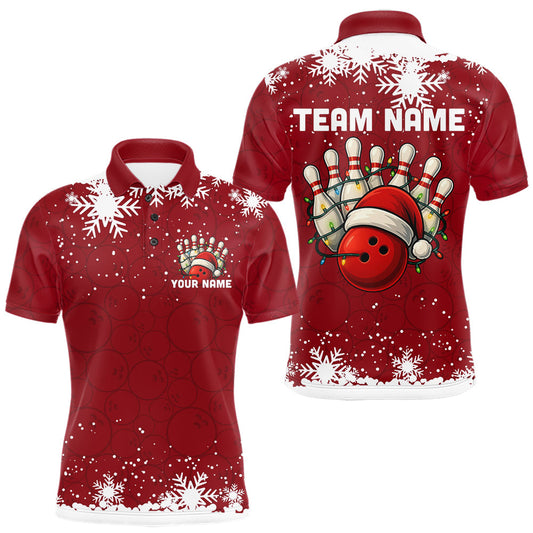 Maxcorners Red Christmas Bowling snowflake Men's Bowling Polo, Quarter Zip shirts Custom Xmas Bowling Outfits LM2603