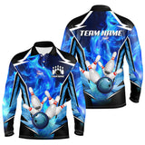 Maxcorners Blue Flame Bowling Ball and Pins Bowling Polo, Quarter Zip Shirts for Men Custom Bowling Team jersey