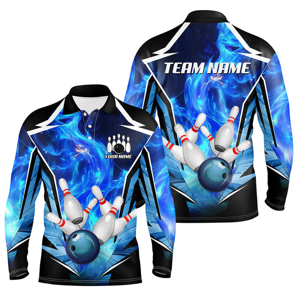 Maxcorners Blue Flame Bowling Ball and Pins Bowling Polo, Quarter Zip Shirts for Men Custom Bowling Team jersey