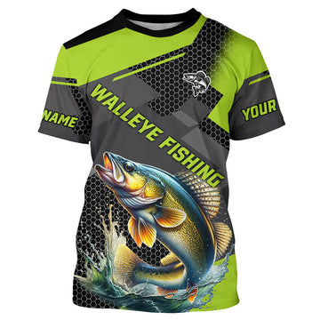 Maxcorners Personalized Walleye Fishing Jerseys, Walleye Long Sleeve Fishing Tournament Shirts | Green MT2108