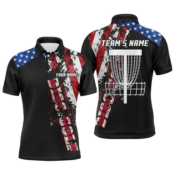 Maxcorners American flag patriotic Mens disc golf polo shirt custom team disc golf basket shirts | Black MT0510
