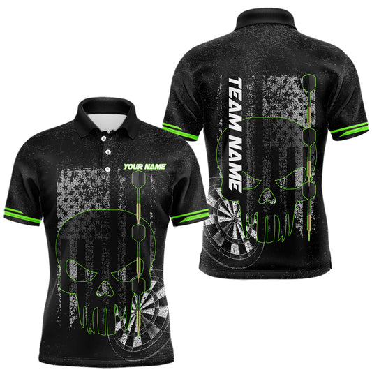 Maxcorners Black & White grunge American Flag Skull Mens Darts Shirt Custom patriotic Team Darts Jersey | Green LM1903