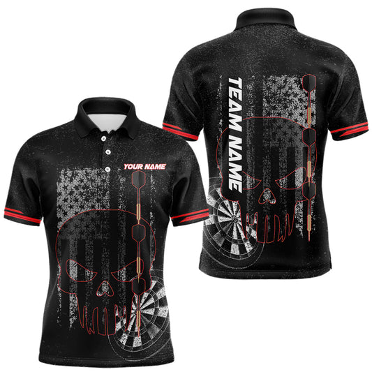 Maxcorners Black & White grunge American Flag Skull Mens Darts Shirt Custom patriotic Team Darts Jersey | Red LM1903