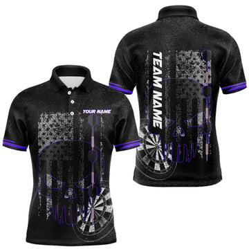 Maxcorners Black & White grunge American Flag Skull Mens Darts Shirt Custom patriotic Team Darts Jersey | Purple LM1903