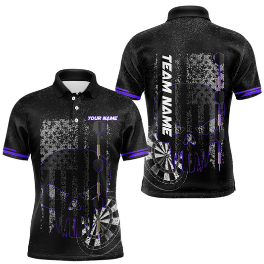 Maxcorners Black & White grunge American Flag Skull Mens Darts Shirt Custom patriotic Team Darts Jersey | Purple LM1903