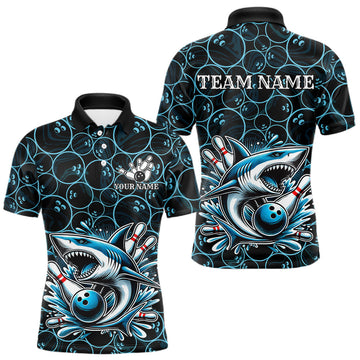 Maxcorners Black and Blue Camo Shark Bowling Polo, Quarter Zip Shirt For Men Custom Team Shark Bowling jerseys