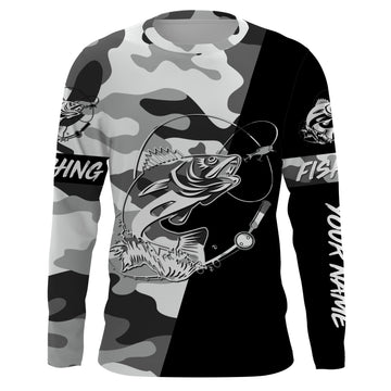 Maxcorners Ice fishing walleye winter camo Custom name Long sleeve, Long Sleeve Hooded LM0201