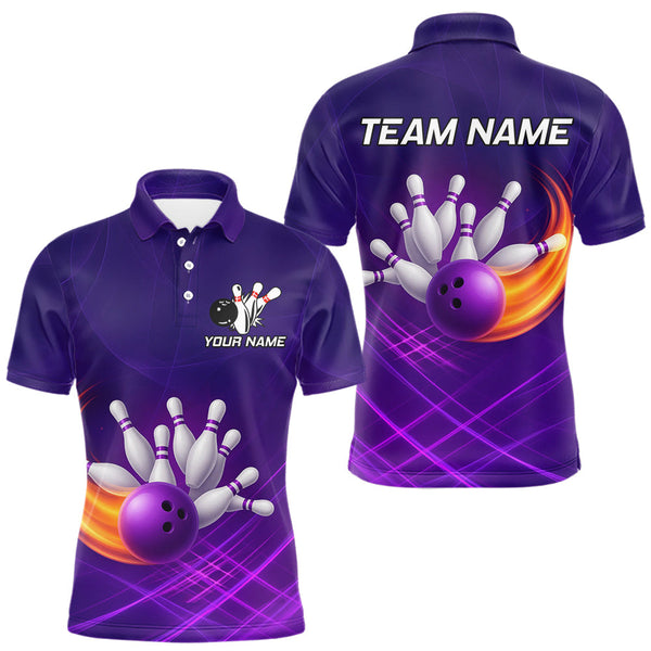 Maxcorners Purple Flame Bowling Polo, Quarter Zip Shirts For Men Custom Team Bowling Jersey Uniform MT2709