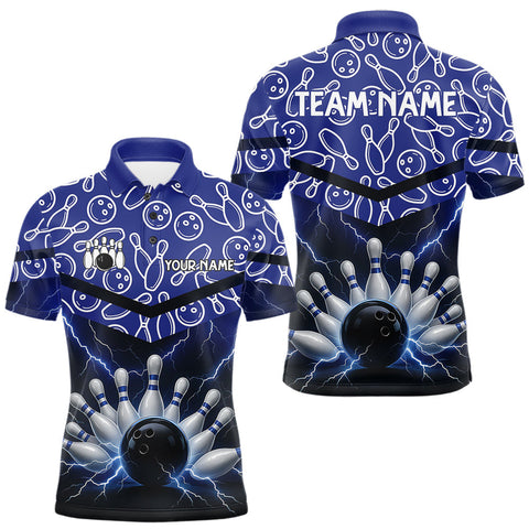 Maxcorners Blue camo Lightning Thunder Bowling Shirts For Men Custom Team Quarter Zip, Polo style bowling shirts MT2510