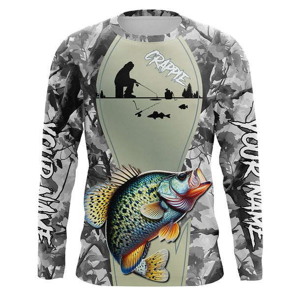 Maxcorners Personalized Winter camo Crappie Ice Fishing Shirts Custom Team Crappie Long Sleeve Fishing Jersey MT2108